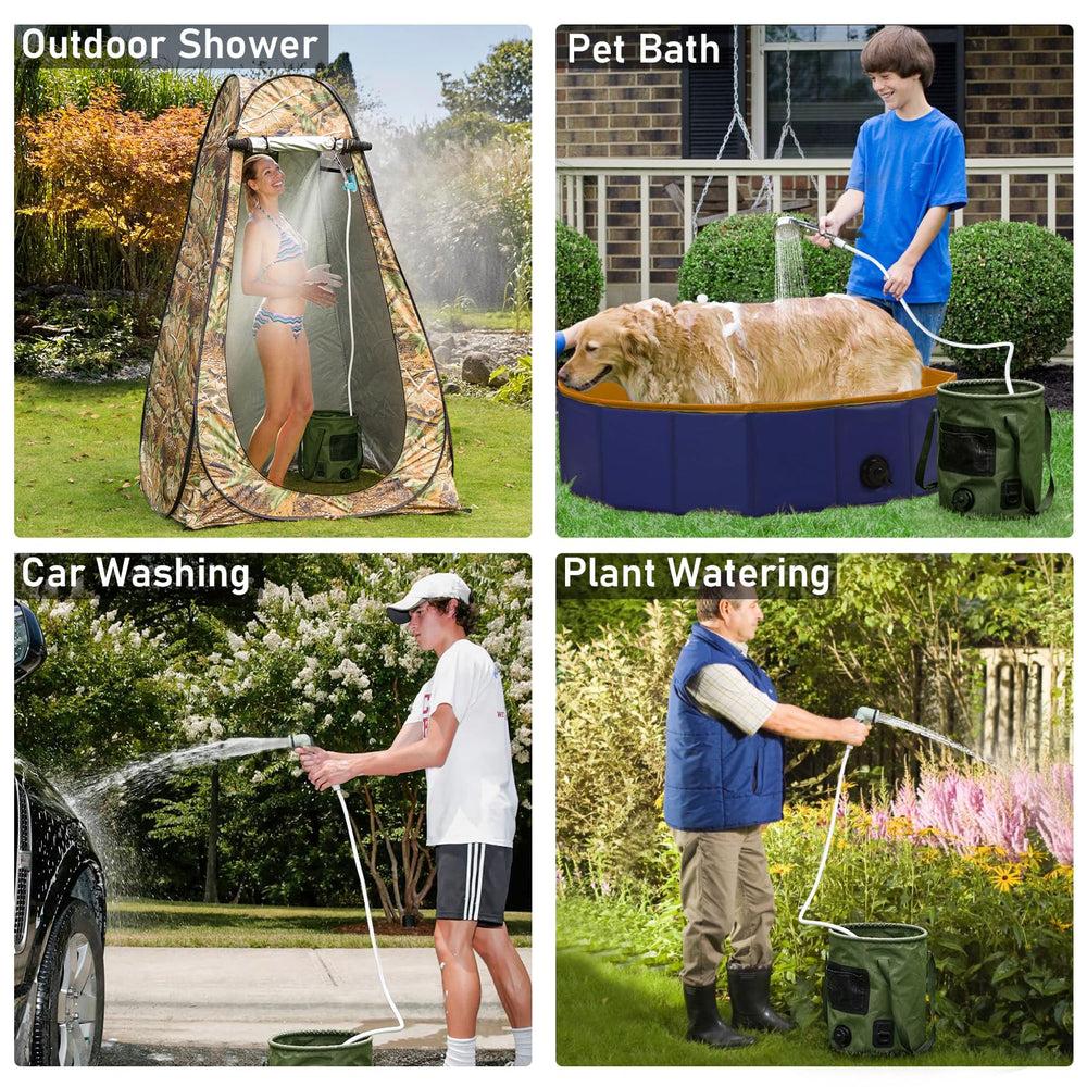 Thallike in campsite setting displaying practical outdoor shower use