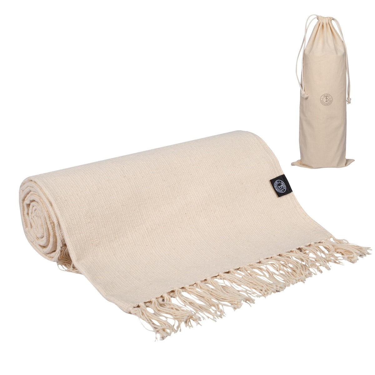 Tharie front view of organic cotton yoga mat showing clean undyed surface and dimensions benefit