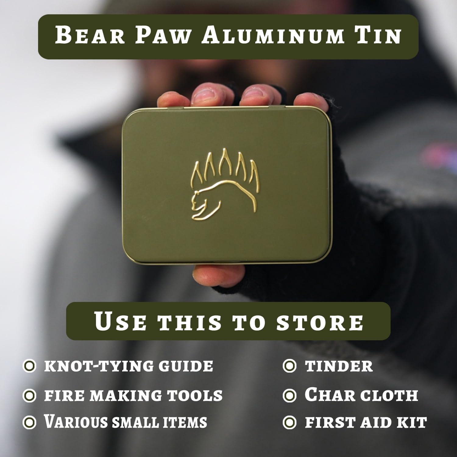 The Bear Essentials bushcraft tin open with cards and ropes organized for protection