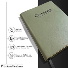 The Golf Practice Journal open to practice layout showing guided prompts and fields