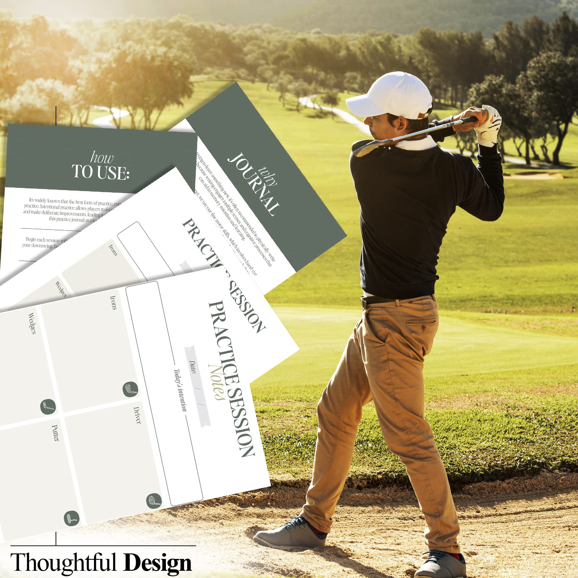 Golfer using The Golf Practice Journal at driving range to log drills and progress