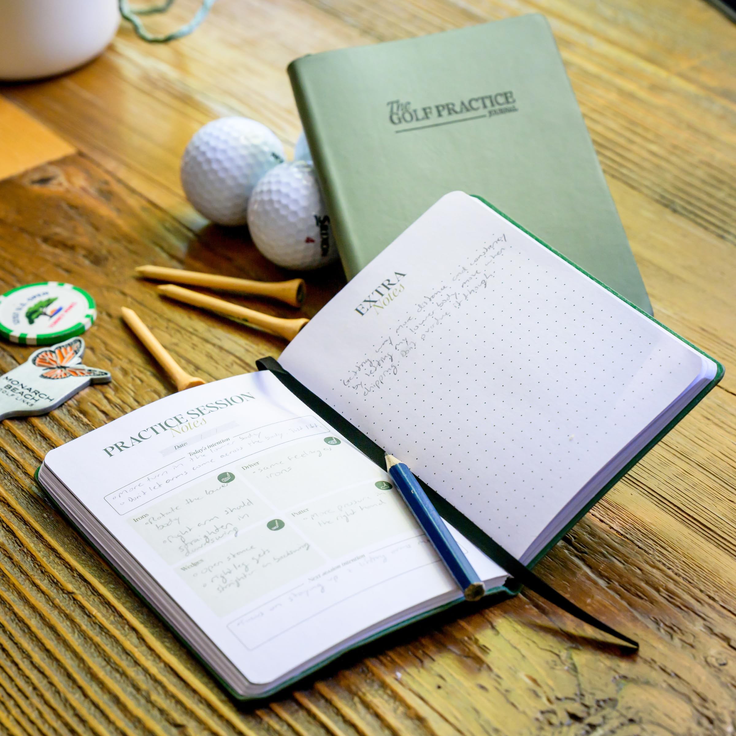 The Golf Practice Journal in a back pocket illustrating compact, easy-carry convenience
