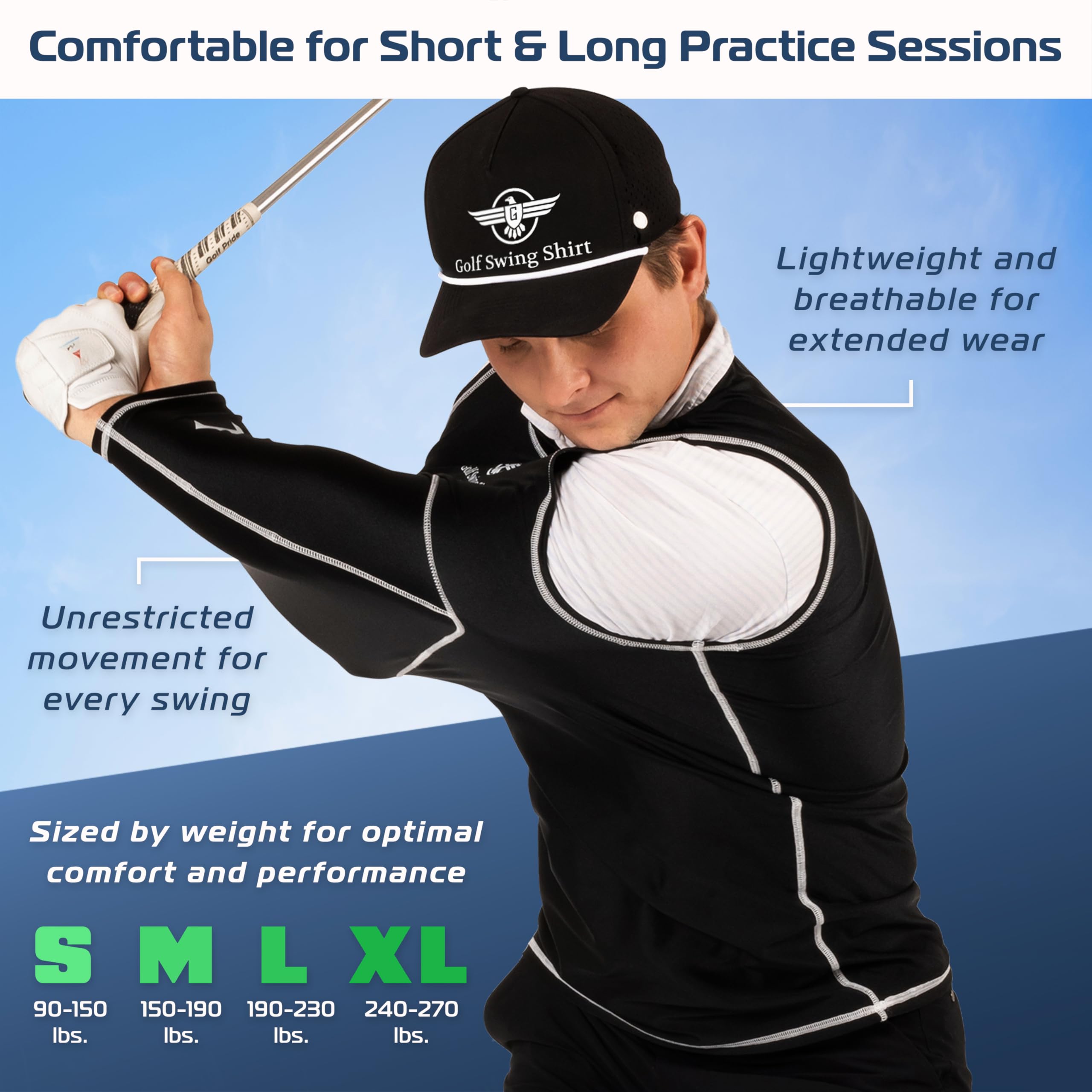 The Golf Swing Shirt size comparison display illustrating correct fit across sizes