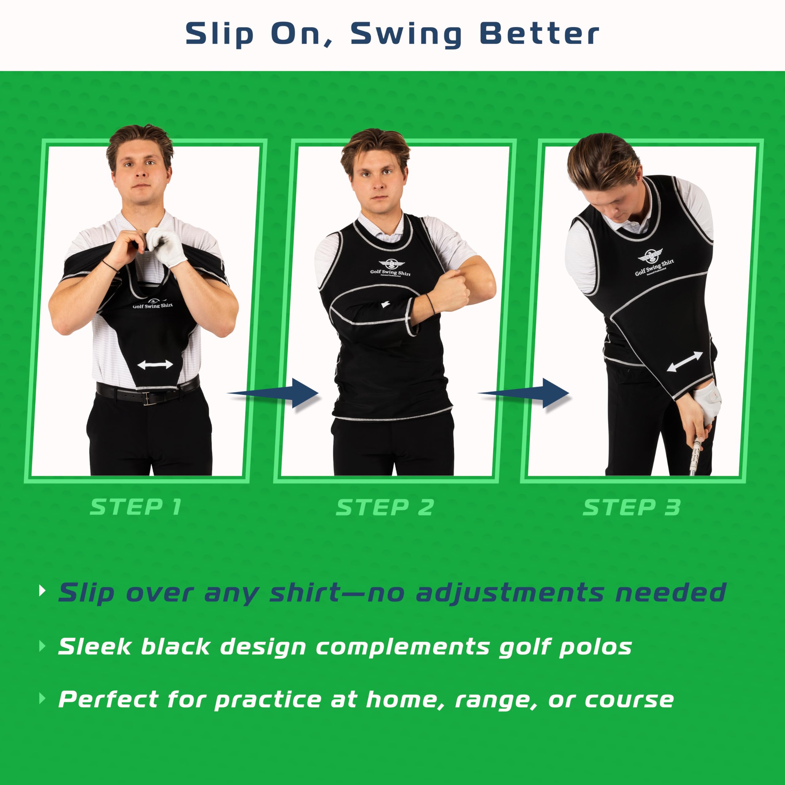 Golfer wearing The Golf Swing Shirt at driving range practicing consistent swings