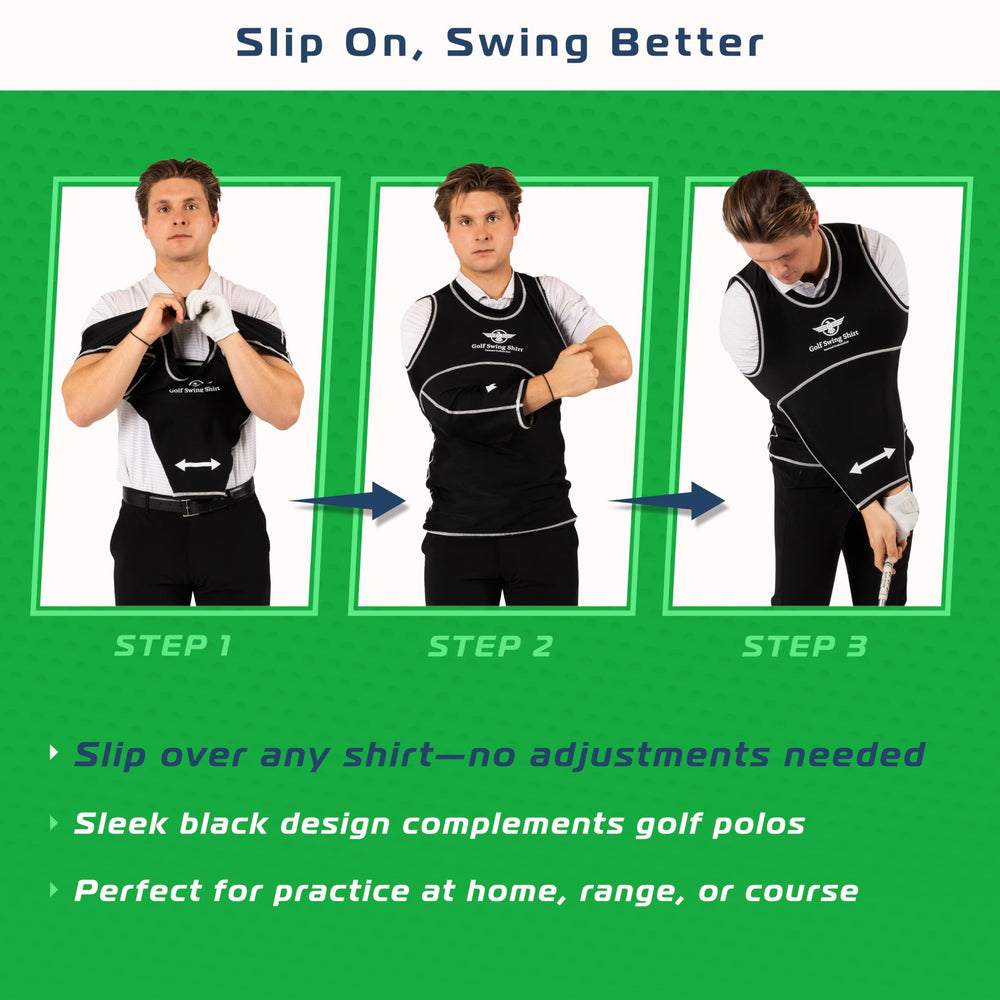 Golfer wearing The Golf Swing Shirt at driving range practicing consistent swings