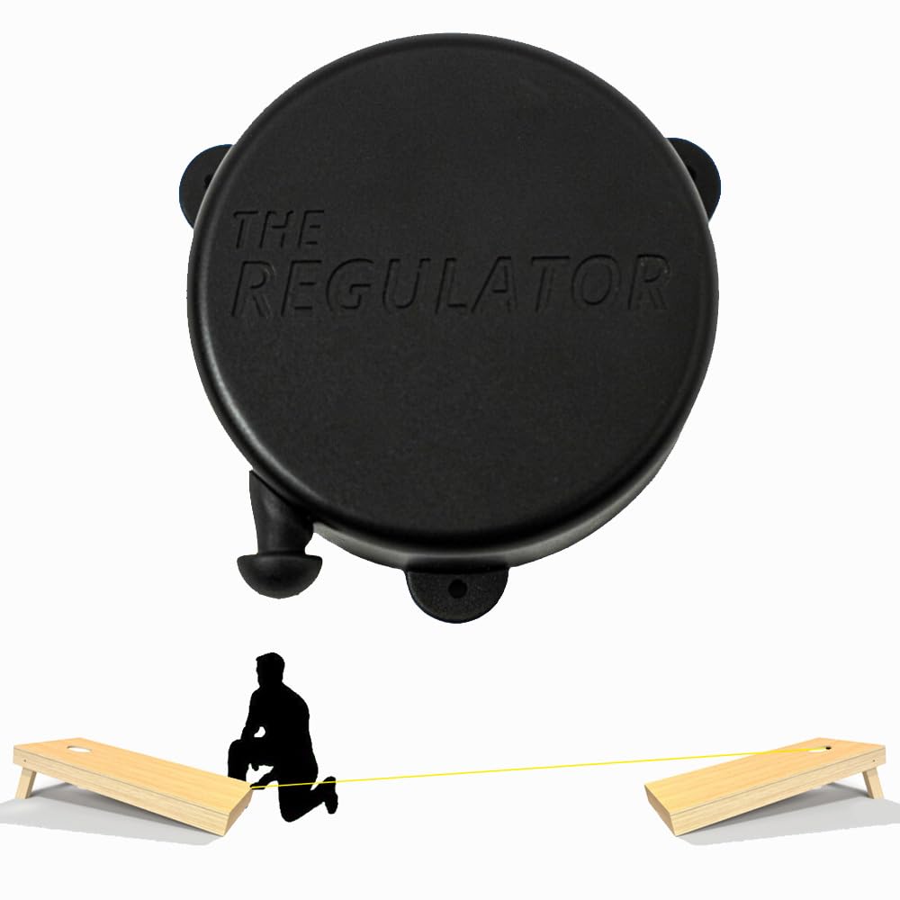 The Regulator LLC front-mounted device on cornhole board showing compact profile and neat setup
