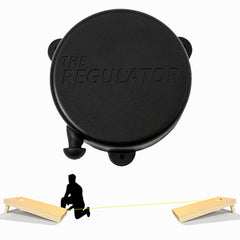 The Regulator LLC front-mounted device on cornhole board showing compact profile and neat setup