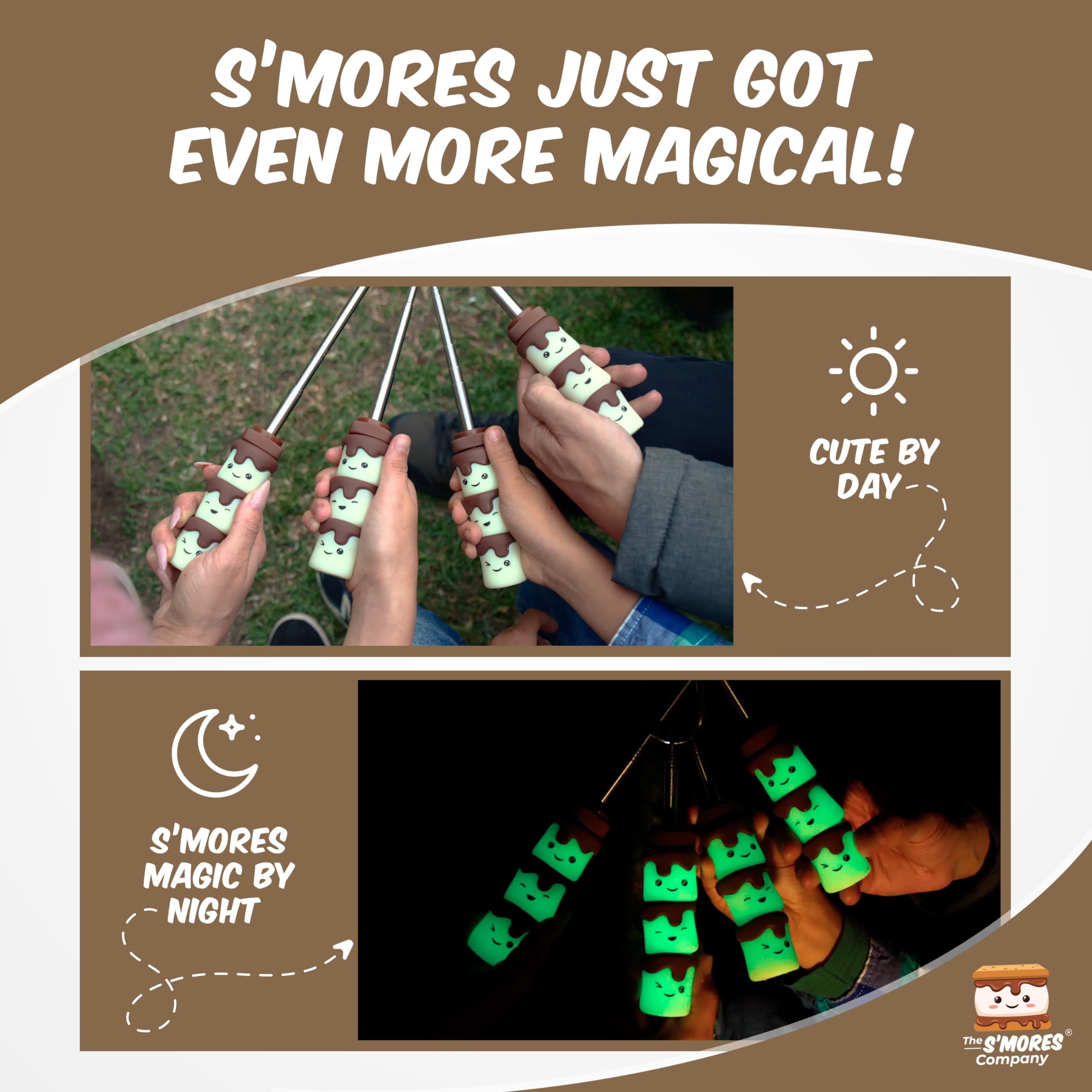 THE S'MORES COMPANY hand holding collapsed stick showing portable size benefit