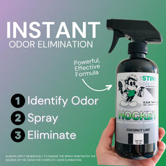 The Stink Solution close-up label highlighting safe ingredients and residue-free benefit