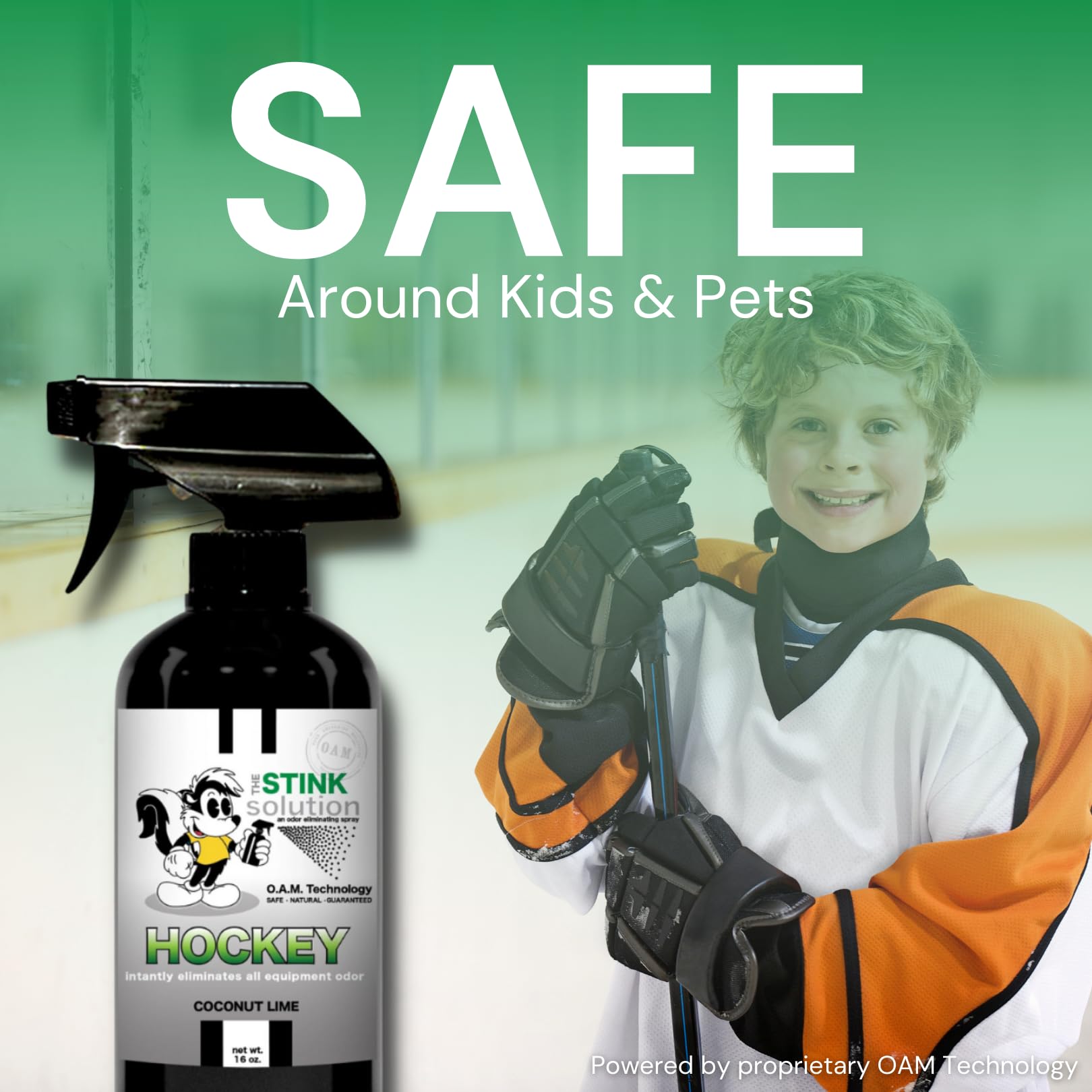 The Stink Solution on bench with pads and skates demonstrating post-game freshening benefit