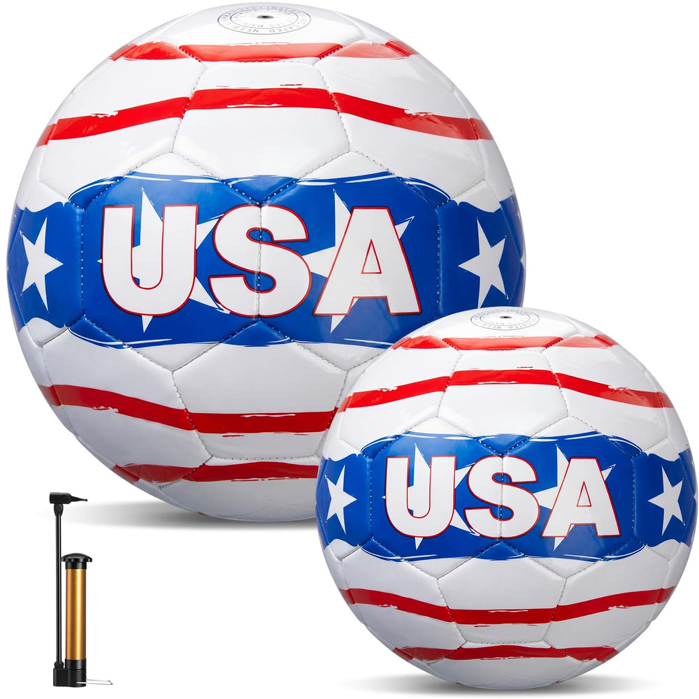 Thenshop front view of two USA soccer balls showing red white blue design and ready-to-play appeal