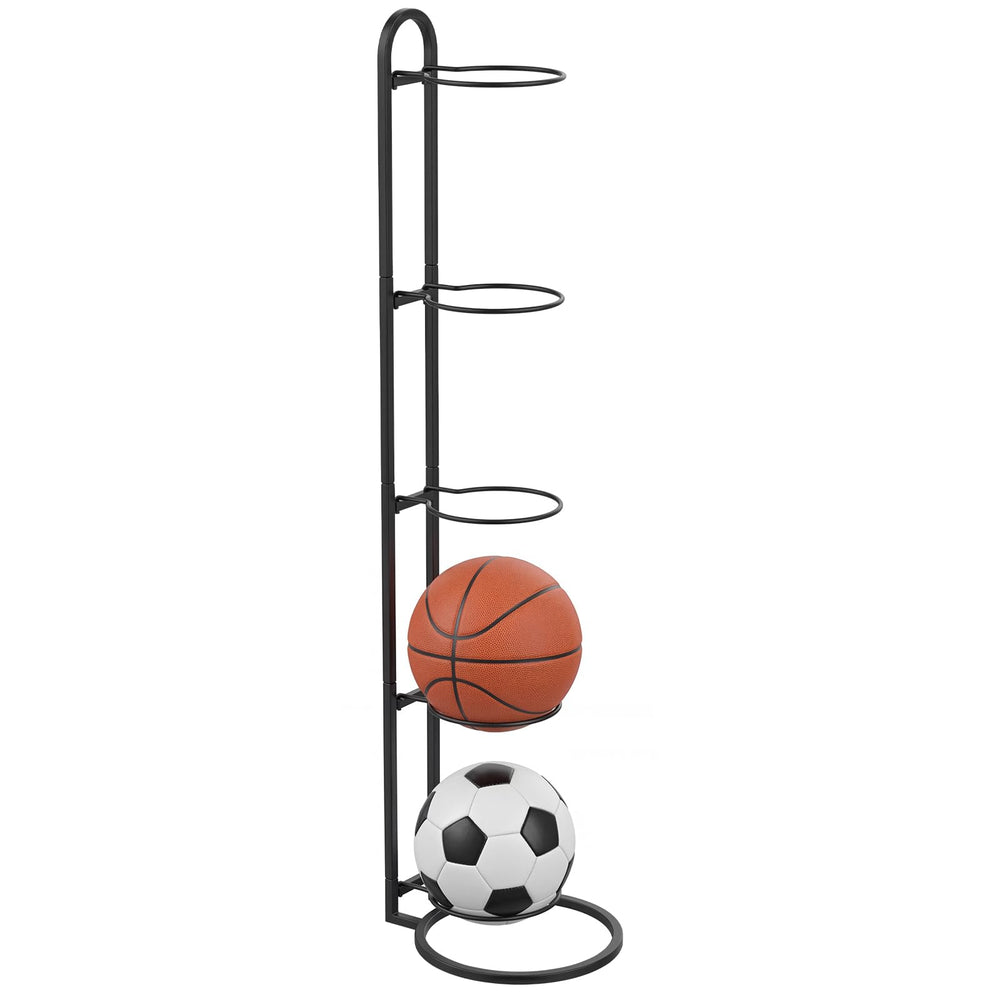 Thenshop front view ball rack showing neat vertical storage benefit