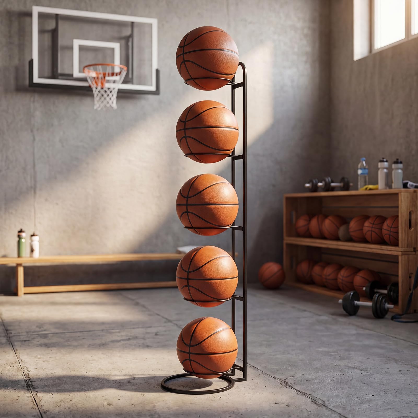 Thenshop height scale with basketball showing size and capacity