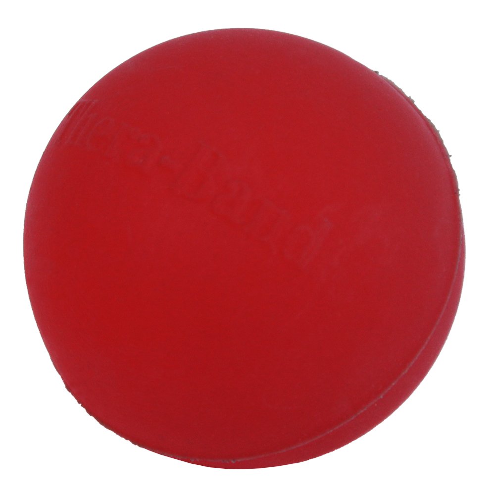 THERABAND red hand exerciser held in palm to show size and portability for travel-friendly grip and rehab exercises