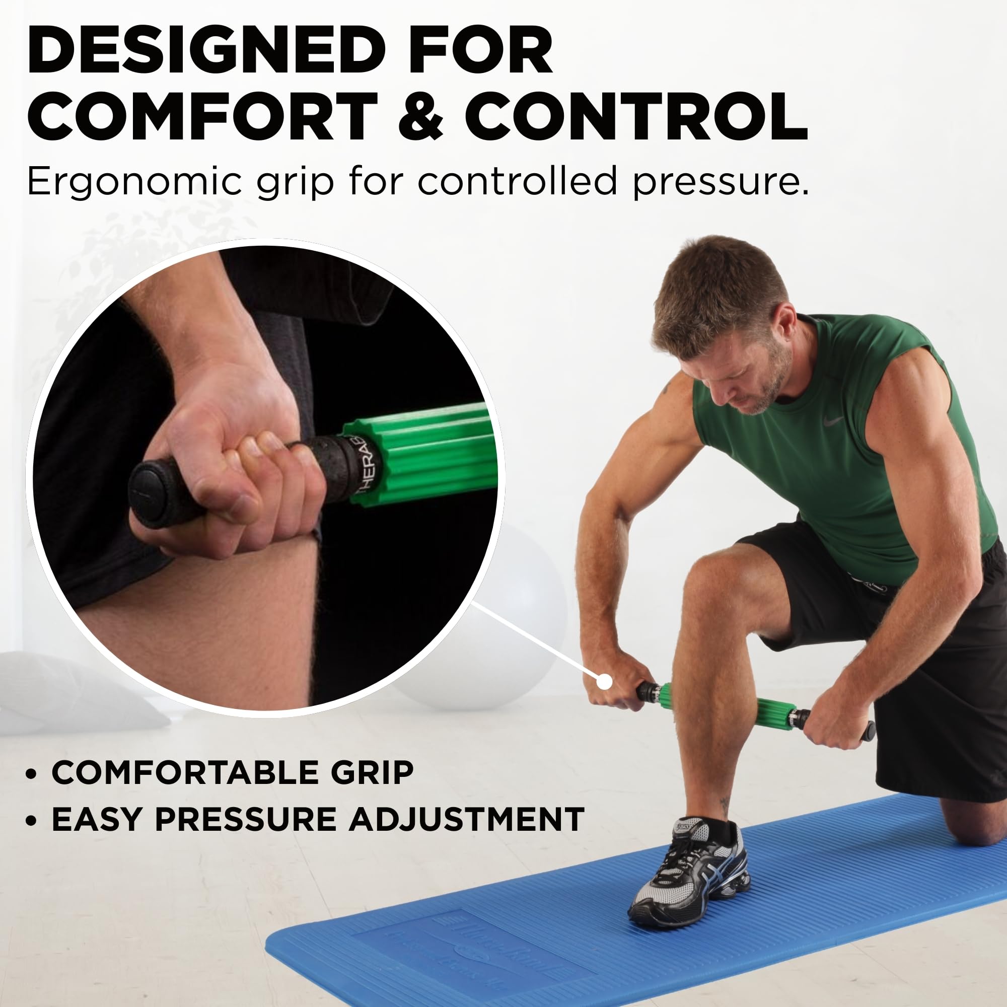 THERABAND roller disassembled for compact storage and easy travel