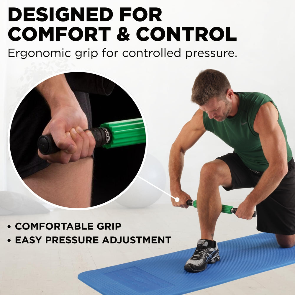 THERABAND roller disassembled for compact storage and easy travel