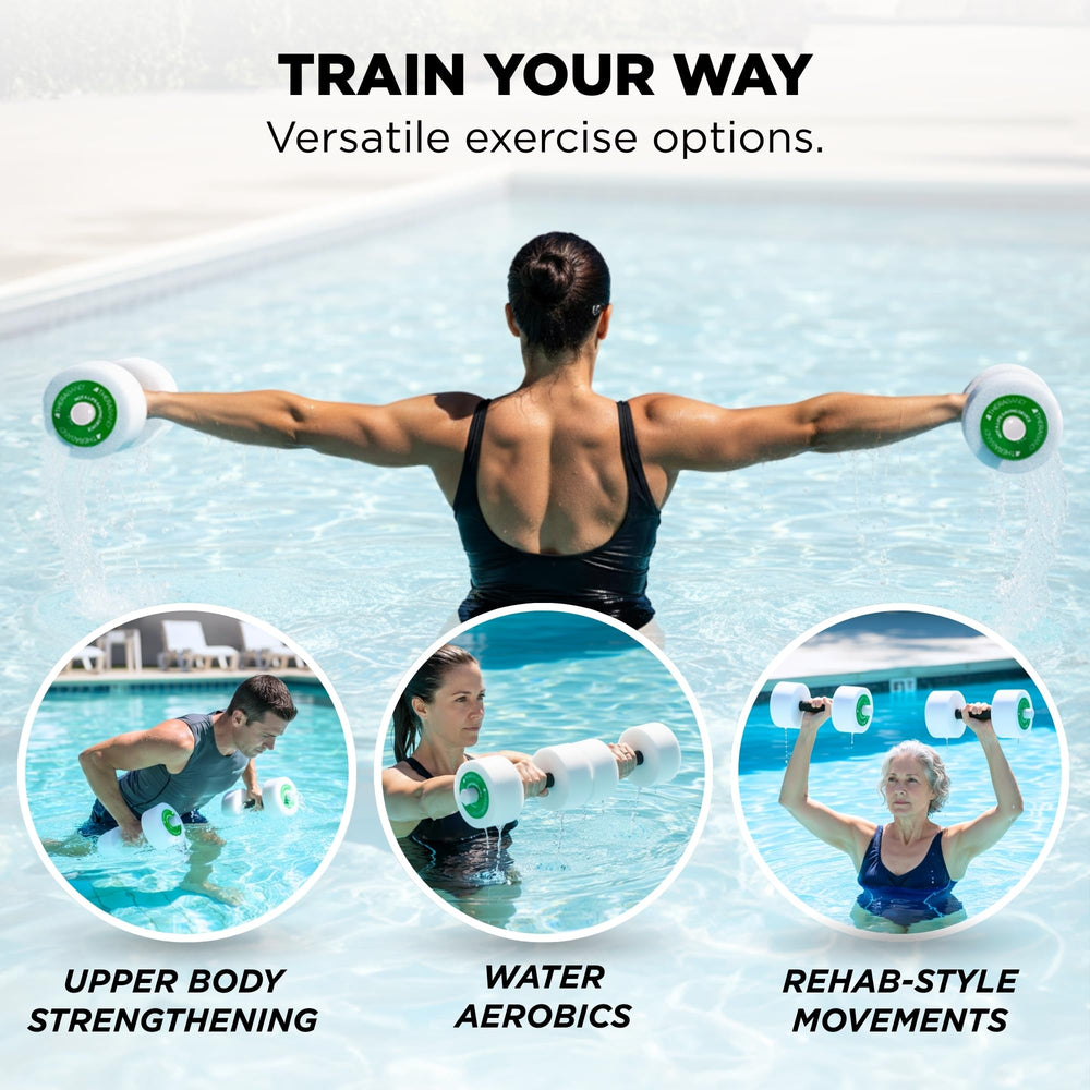 THERABAND aquatic dumbbell in use performing rowing motion to strengthen upper body