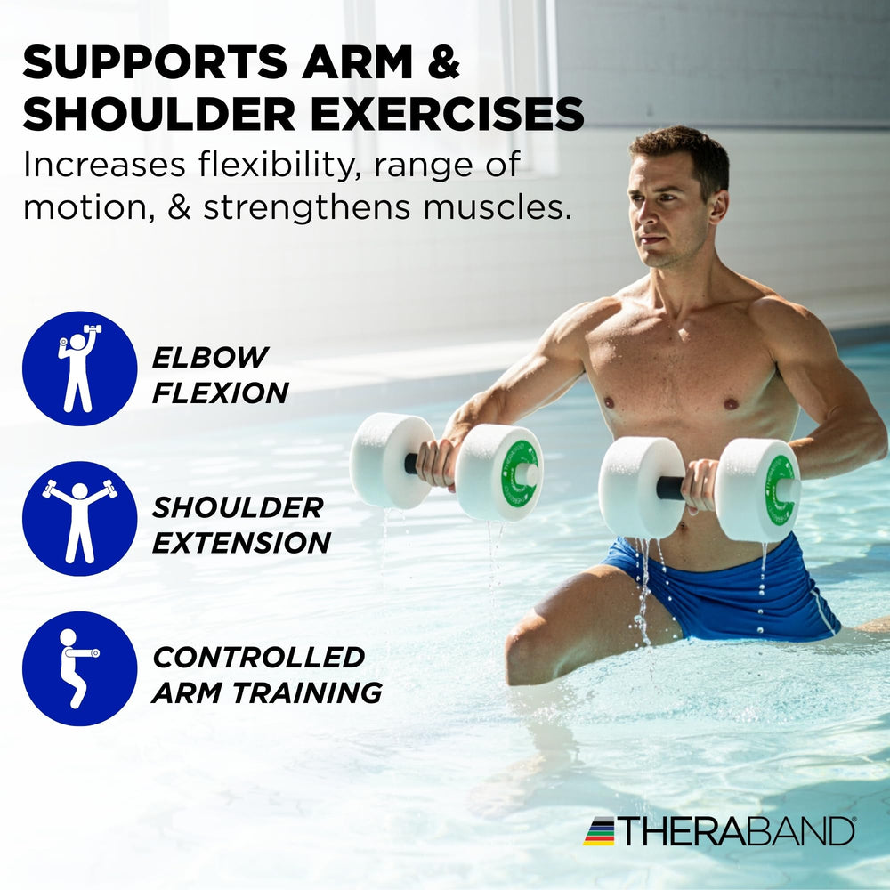 THERABAND weight next to ruler for size comparison showing compact, travel-friendly design