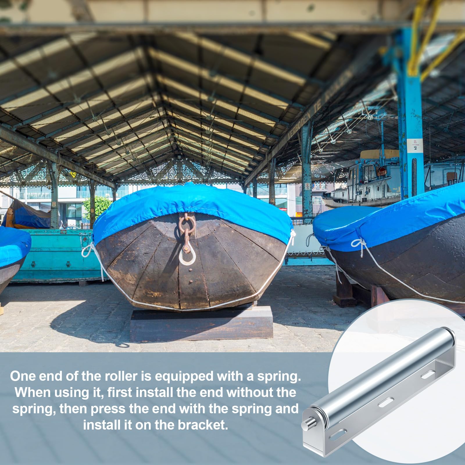 Therwen roller in use under a kayak on a dock, enabling smoother loading and unloading