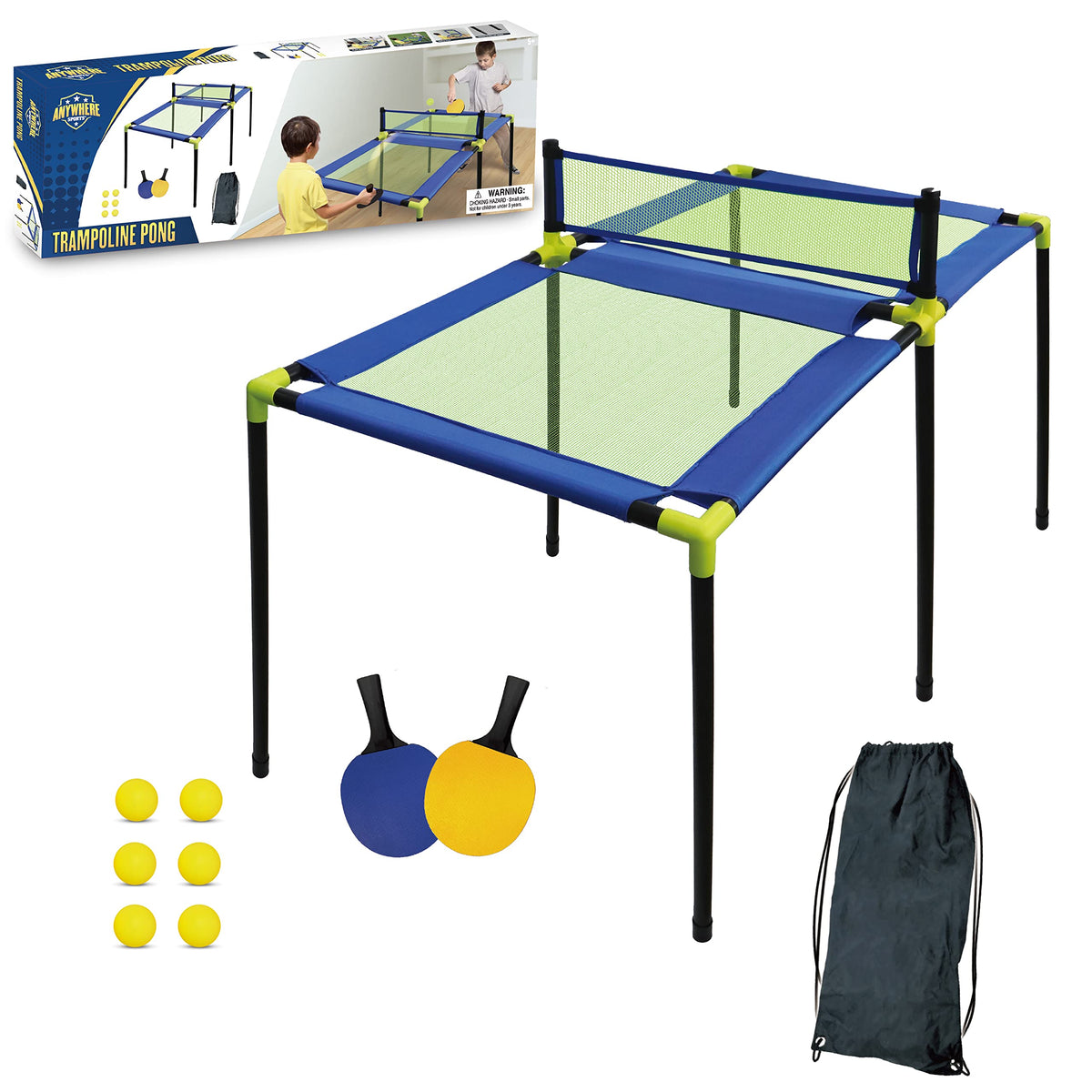 Thin Air Brands trampoline pong front setup showing full kit and ready-to-play