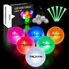 THIODOON front packaging showing six colored LED golf balls and included bag for easy gifting