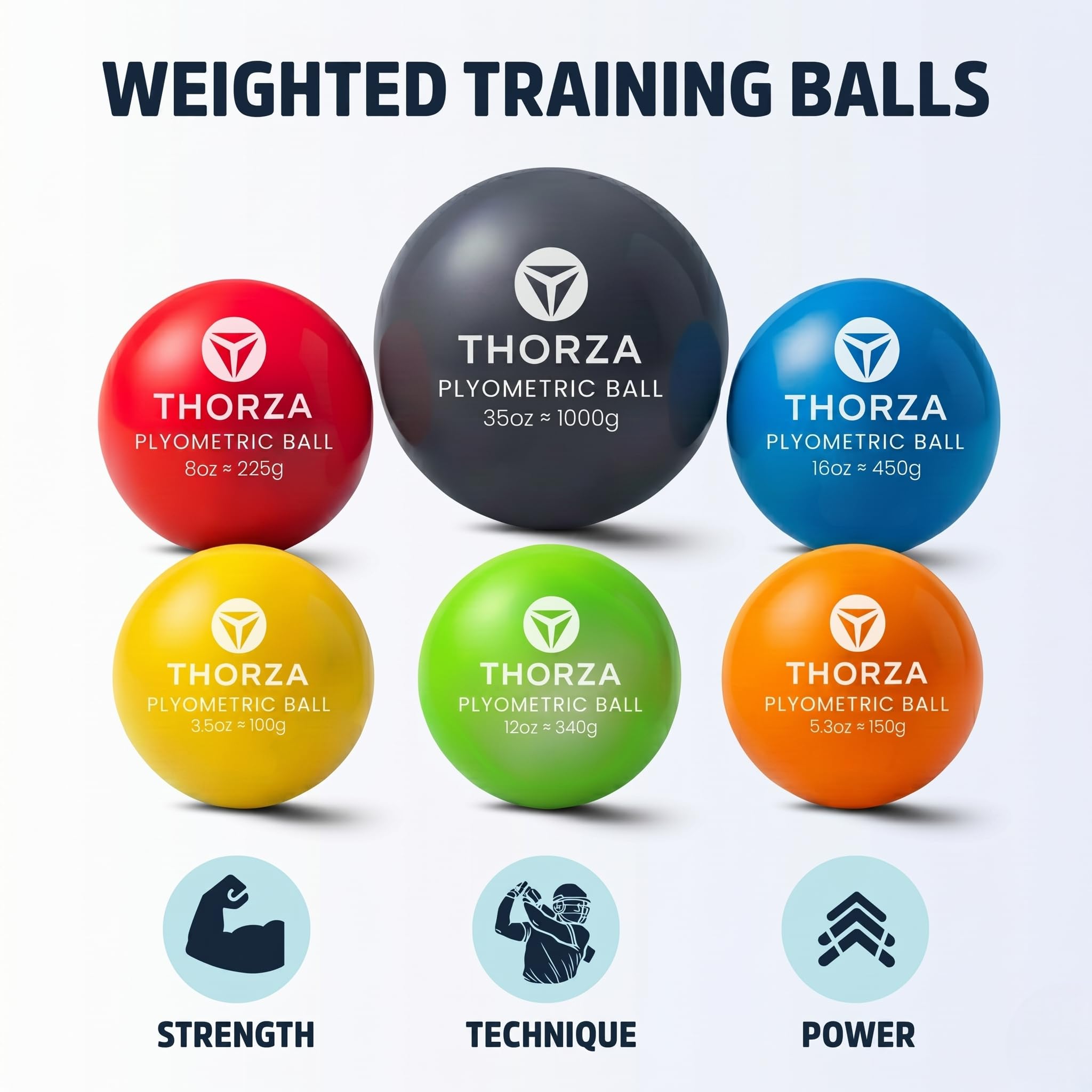 Thorza weighted balls laid flat showing full color range for quick selection