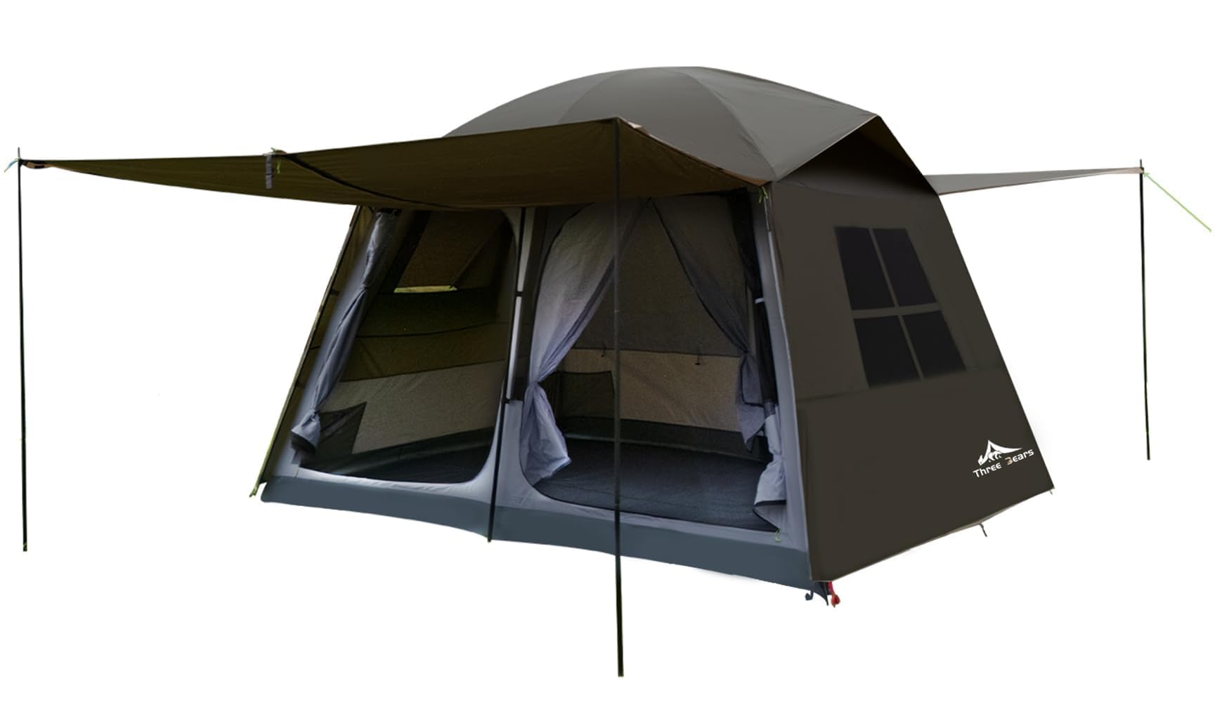 Three Bears tent front overview showing roomy entrance and vestibules for versatile shelter