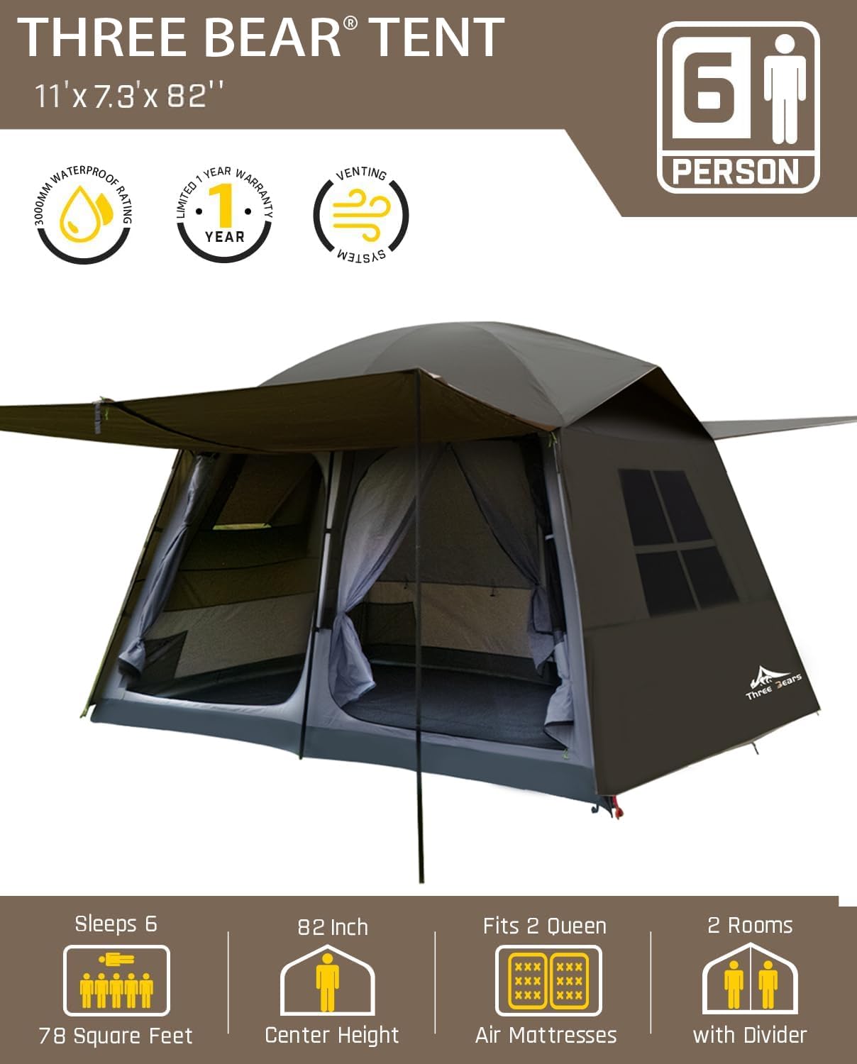 Three Bears tent interior with removable divider offering private and open living options