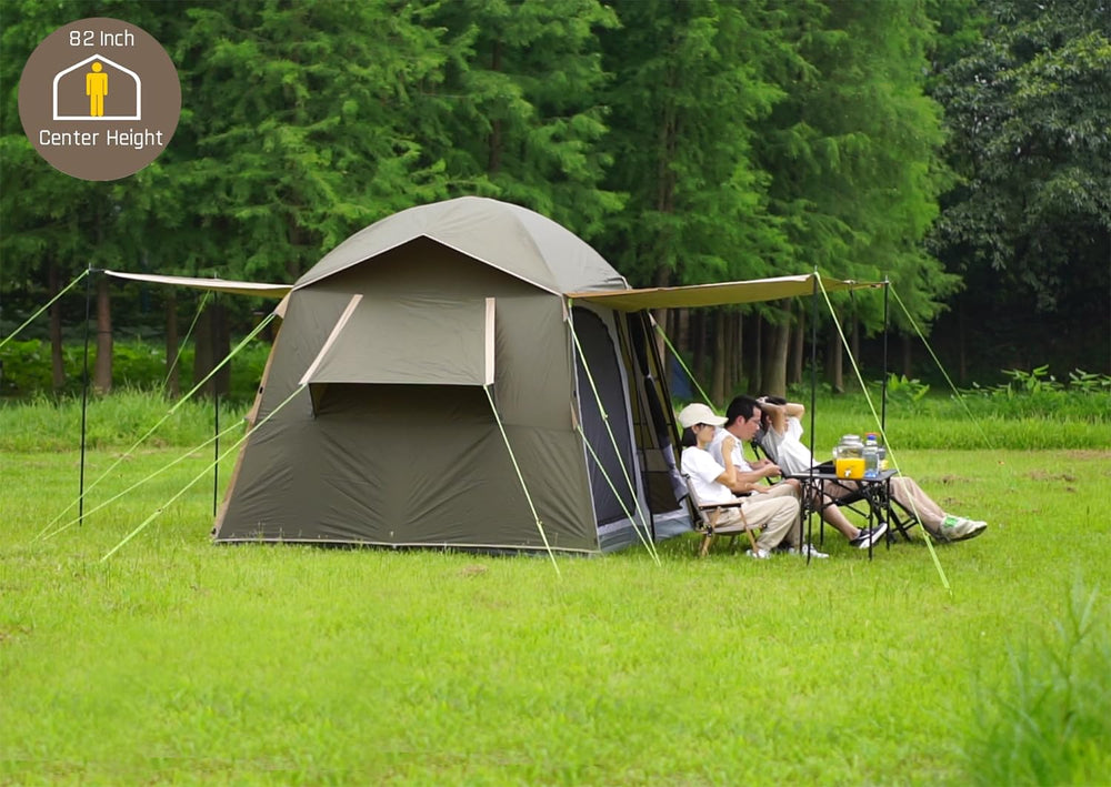 Three Bears tent side vestibule set up as awning providing extra shaded outdoor space