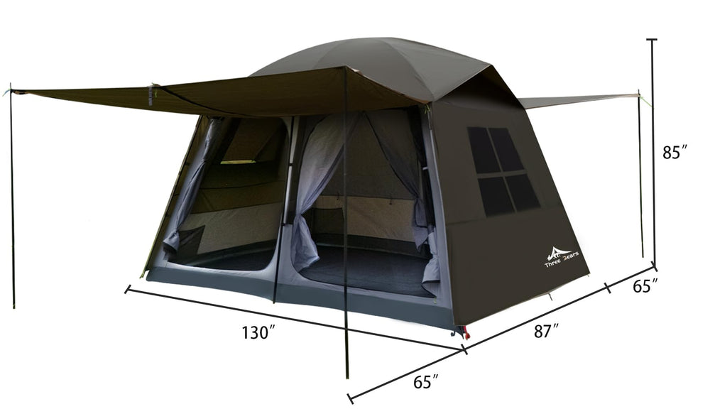 Three Bears tent with people for size comparison illustrating 6-person capacity