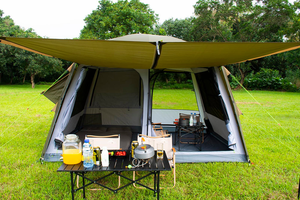Three Bears tent fully staked at campsite demonstrating wind-resistant anchoring