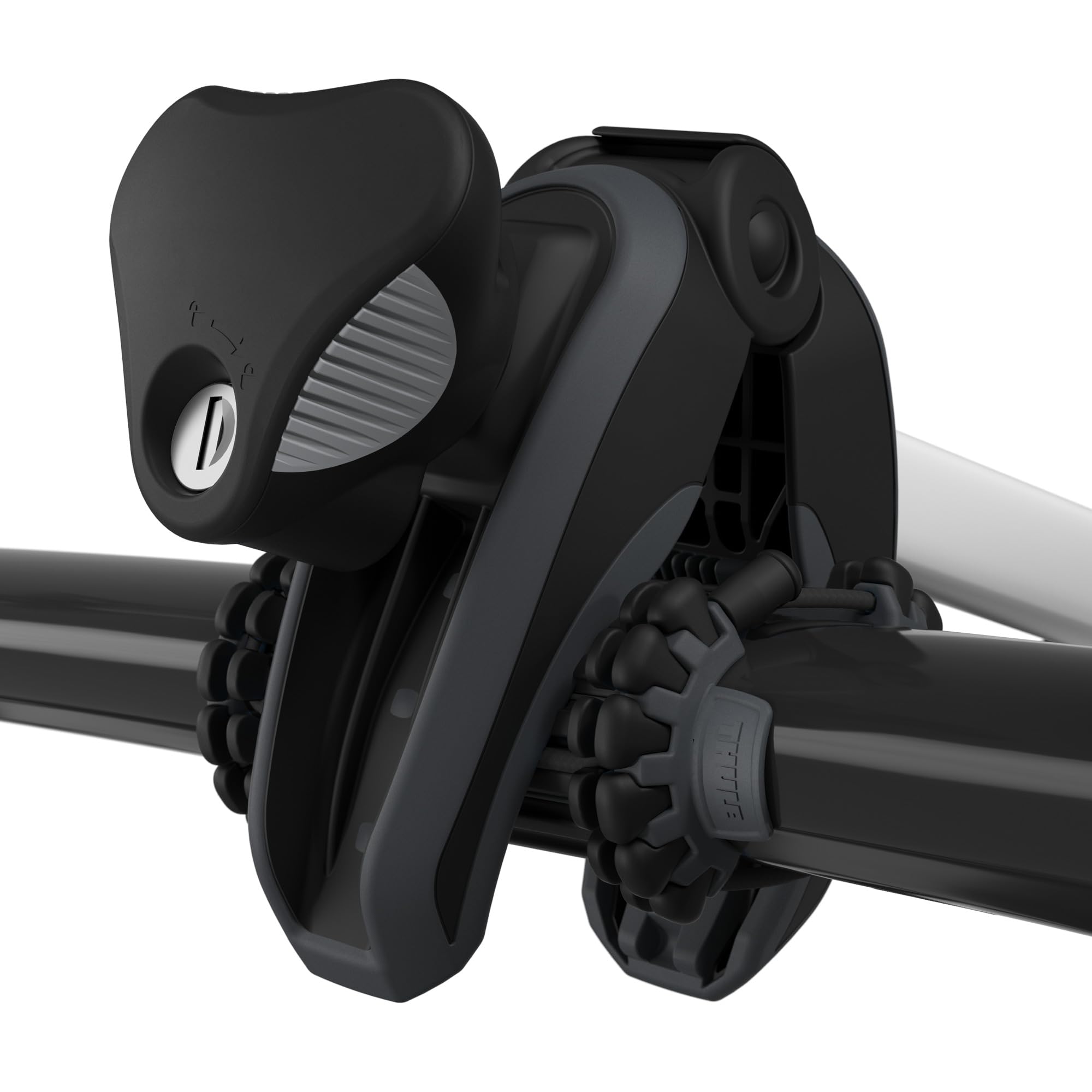 Thule carbon frame protector mounted on rack holding a bike securely during transport