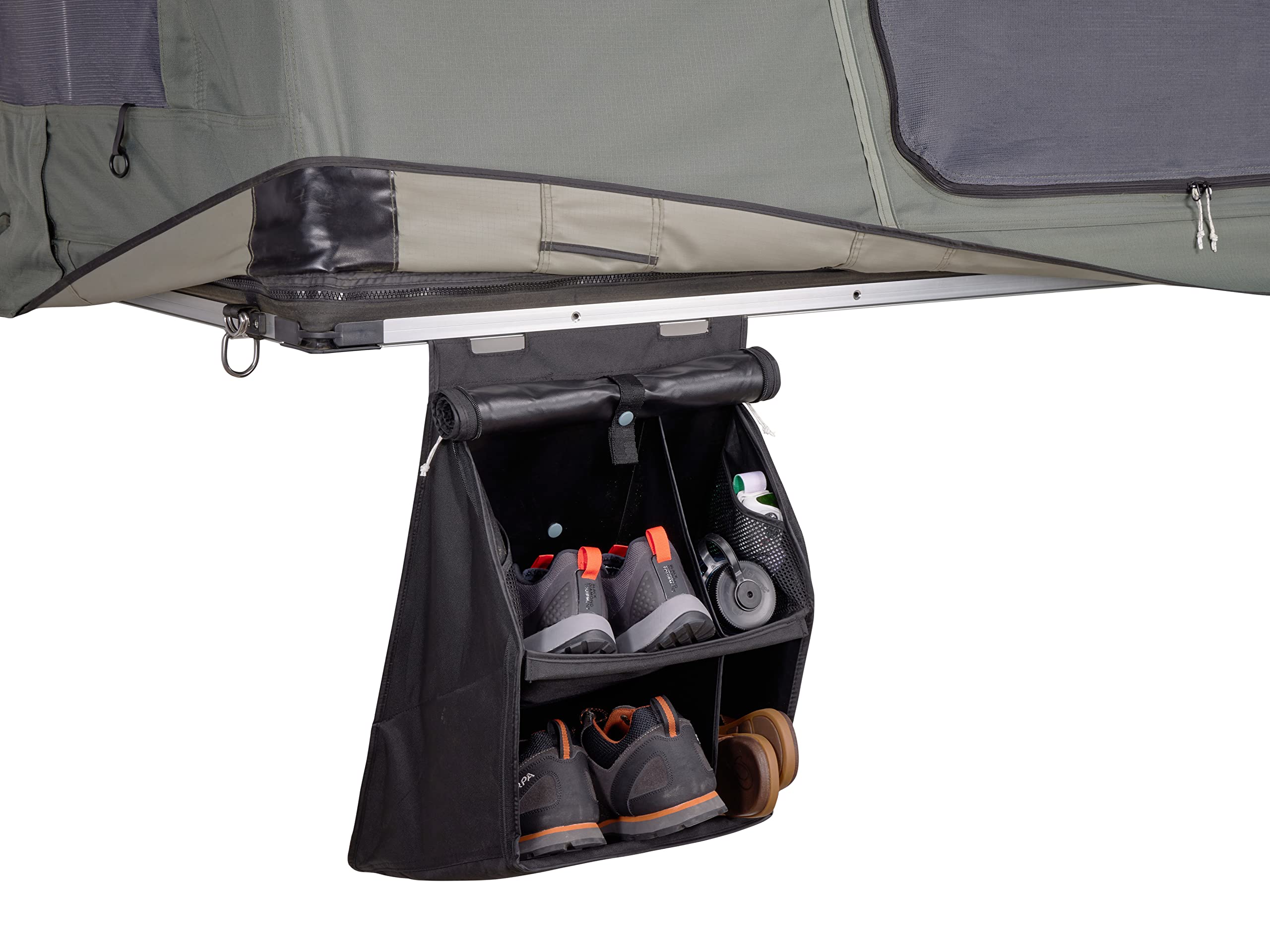 Thule organizer positioned near tent entrance for quick retrieval