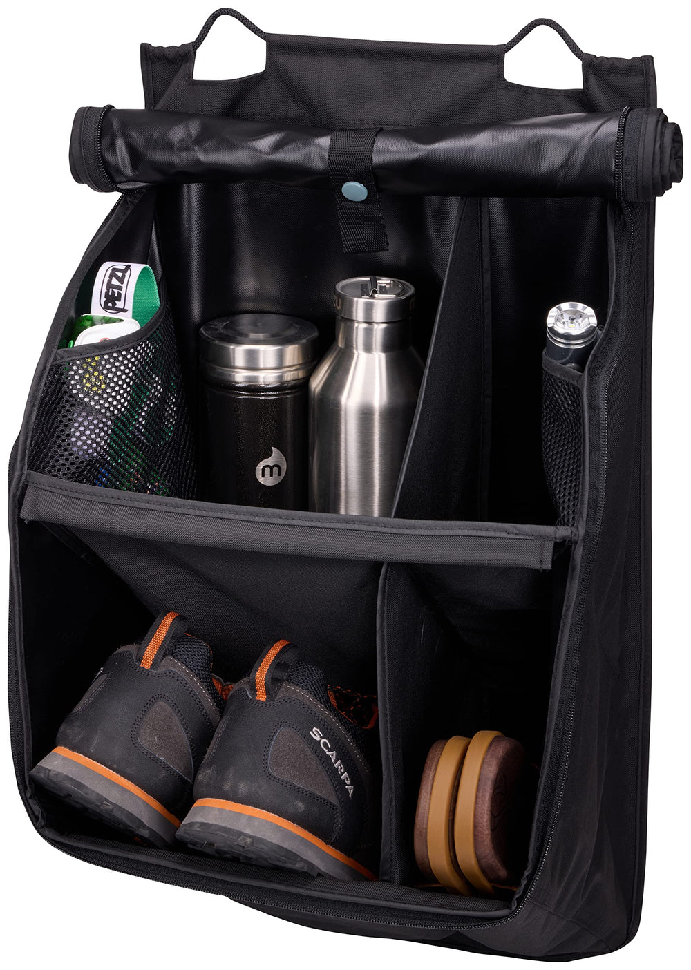 Thule organizer with boots in compartments for easy access