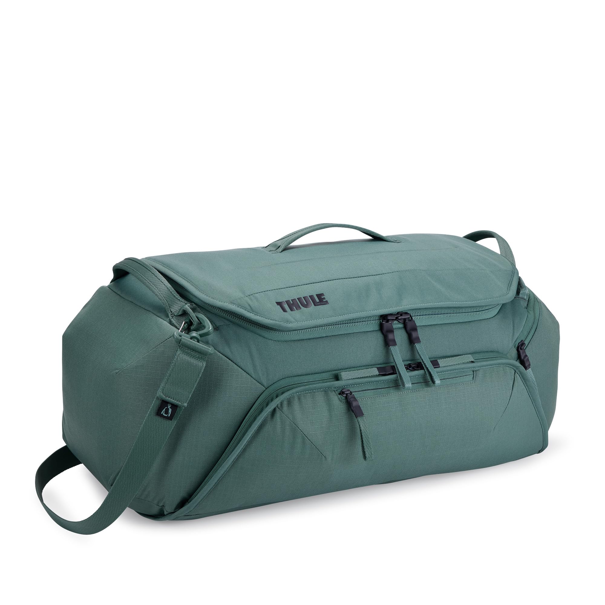 Thule RoundTrip front view showing structured duffel and easy carry benefits