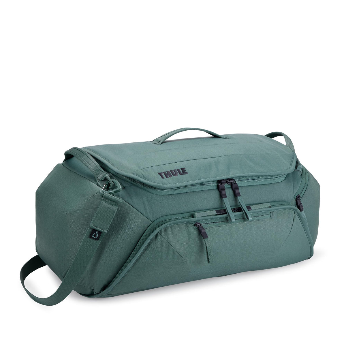 Thule RoundTrip front view showing structured duffel and easy carry benefits