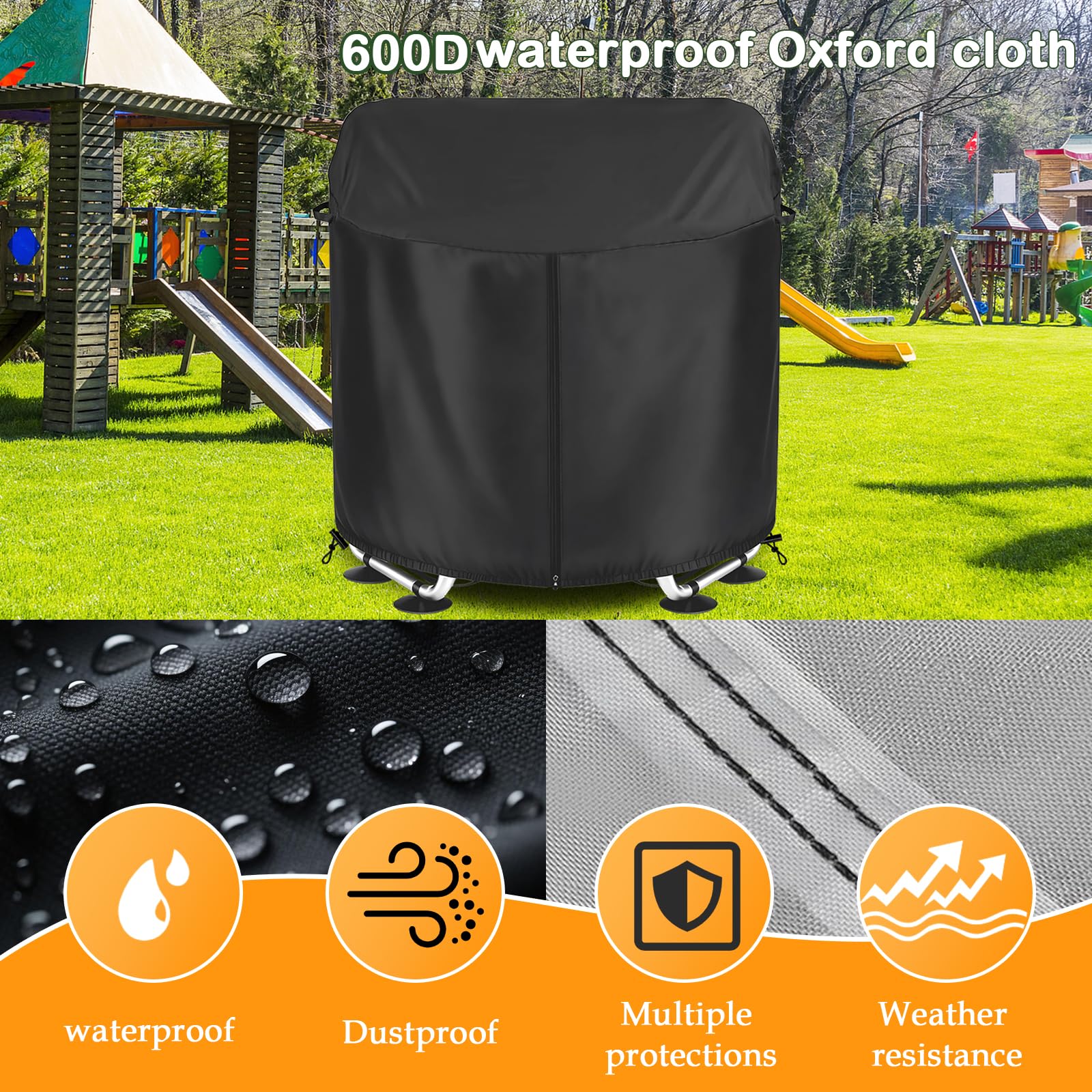TiantianBao cover installed outdoors protecting trampoline from sun and rain