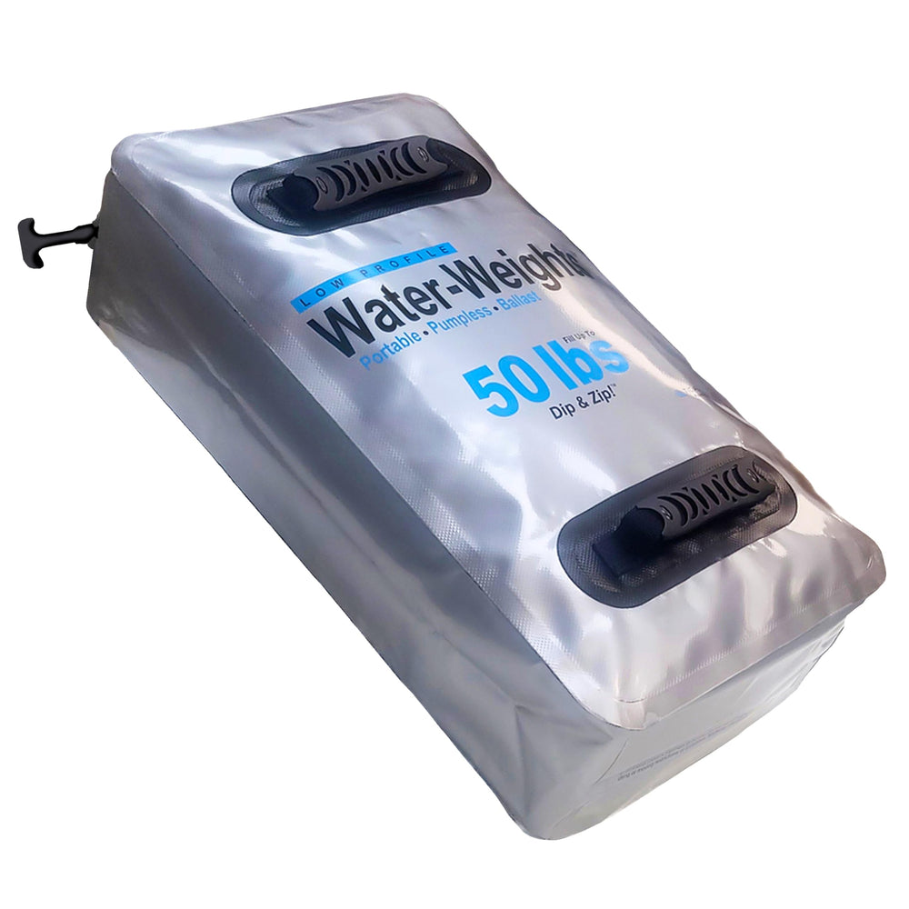 Tidal Wake bag beside a scale and weights showing up to 50 lb adjustable ballast benefit