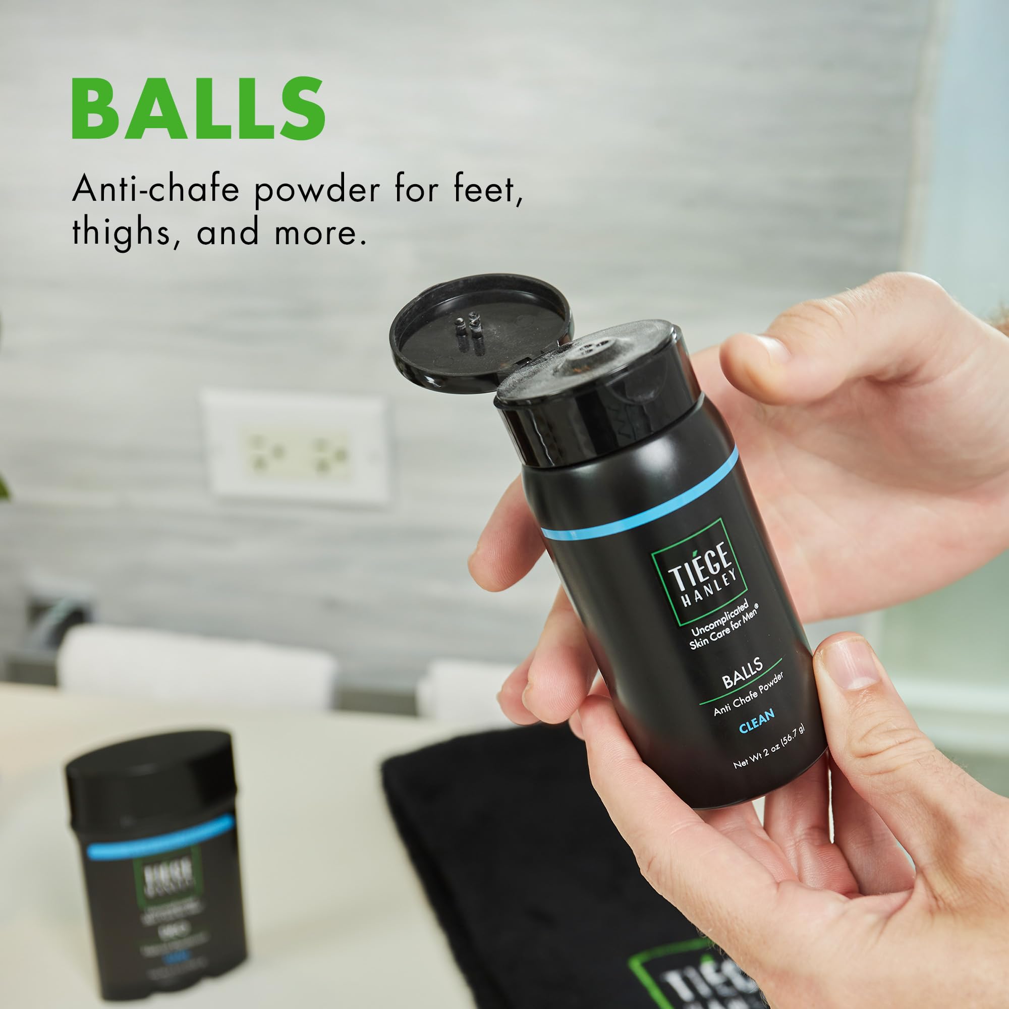Tiege Hanley open shaker top detail demonstrating easy controlled application