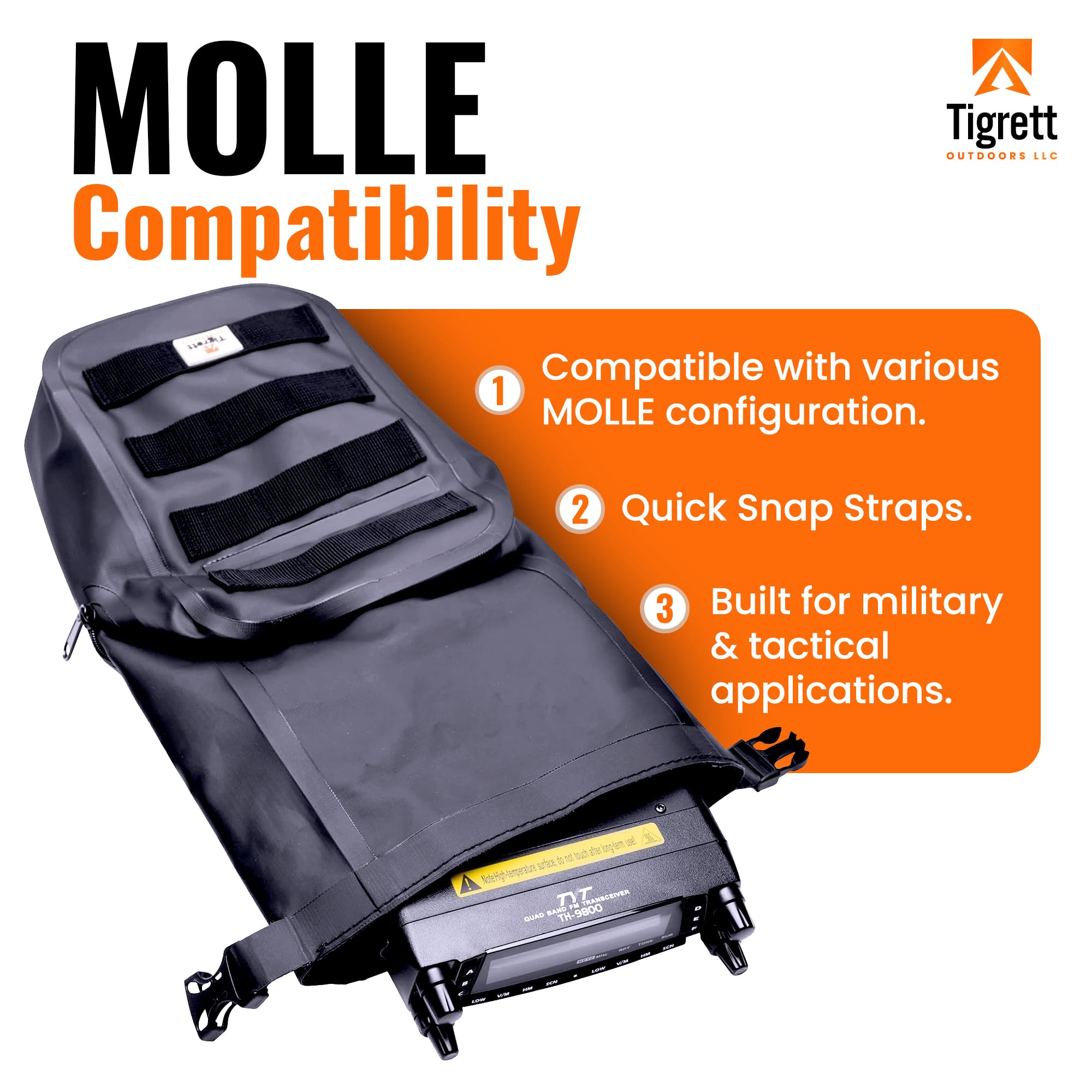 Tigrett Outdoors Dry Shield attached to backpack MOLLE for secure carry