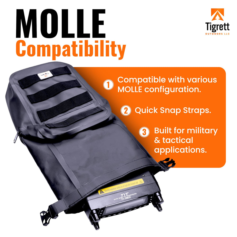 Tigrett Outdoors Dry Shield attached to backpack MOLLE for secure carry