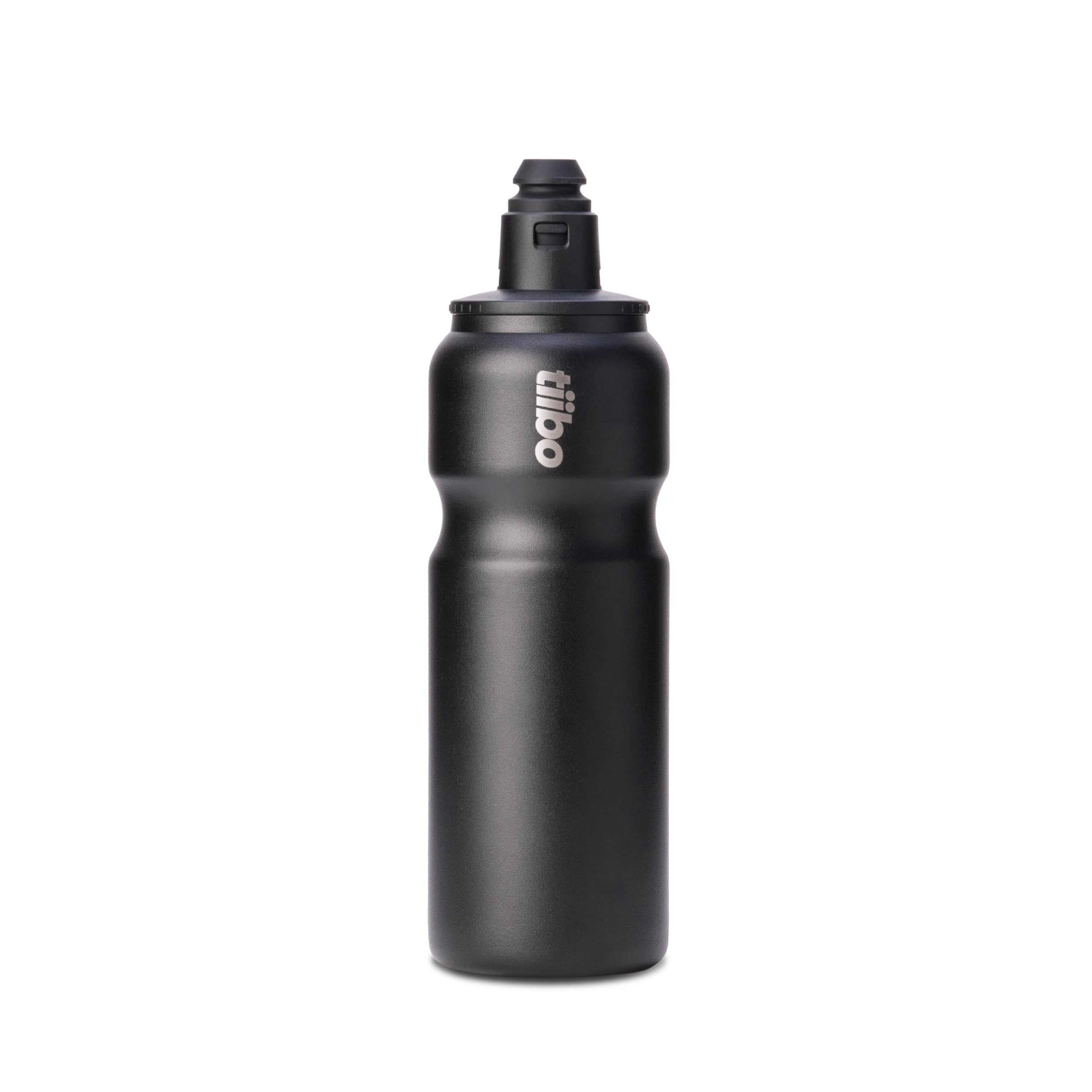 tiibo front view of black bottle showing shape and logo benefit: easy grip