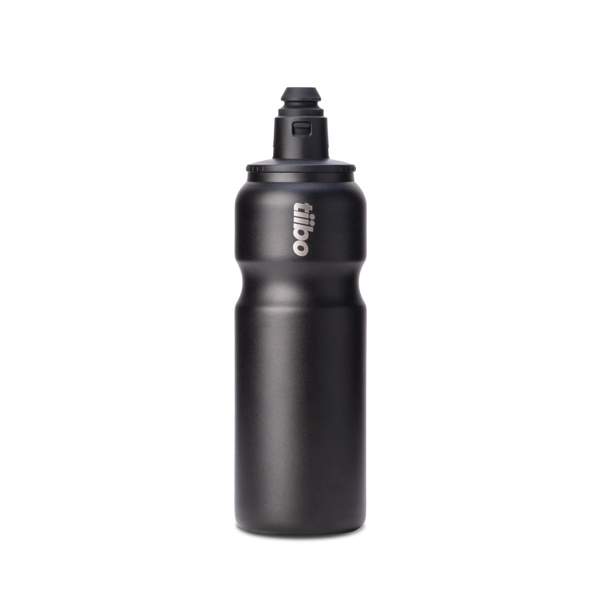 tiibo front view of black bottle showing shape and logo benefit: easy grip
