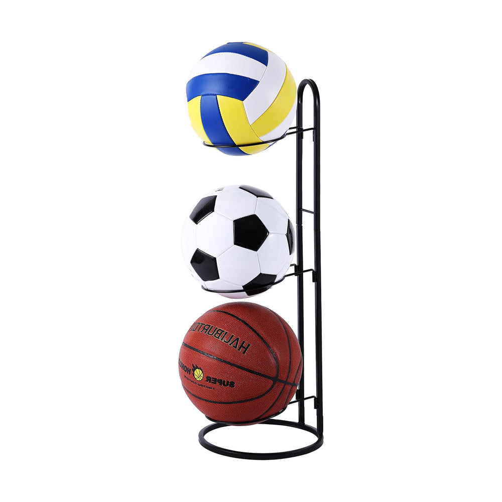 Tiita front view of black 3-tier ball rack showing compact footprint and tidy storage benefit