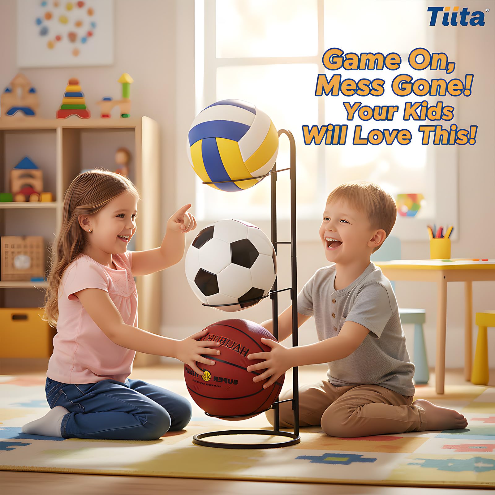 Tiita rack holding three different sports balls demonstrating mixed-sport organization benefit