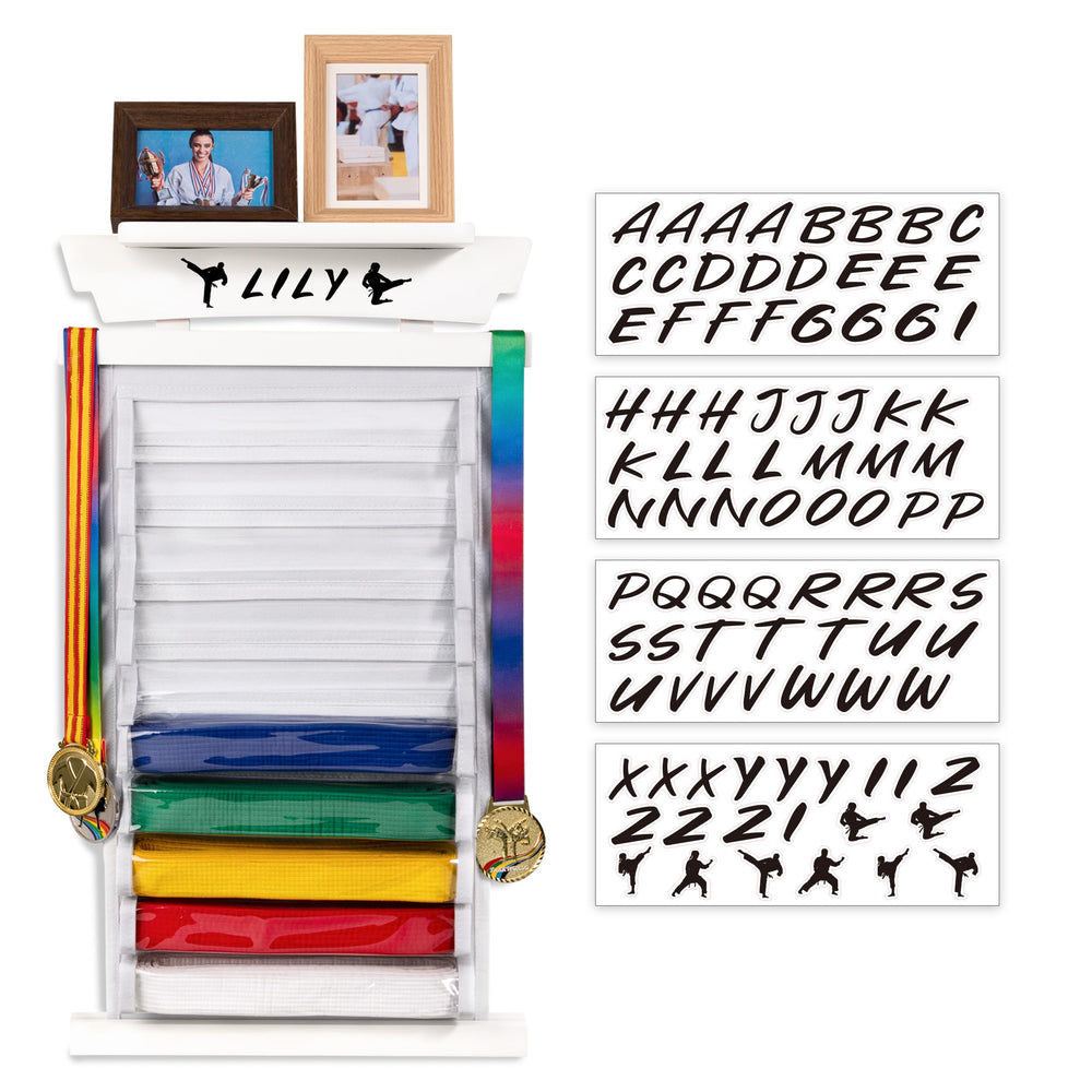 Tilhumt front view of white 10-belt rack showing tidy organized display and easy access benefits