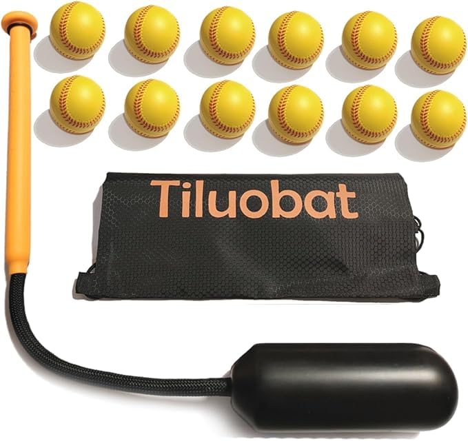 Tiluobat front view showing yellow rope bat and 12 foam balls, clear kit benefit