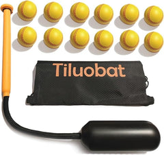Tiluobat front view showing yellow rope bat and 12 foam balls, clear kit benefit