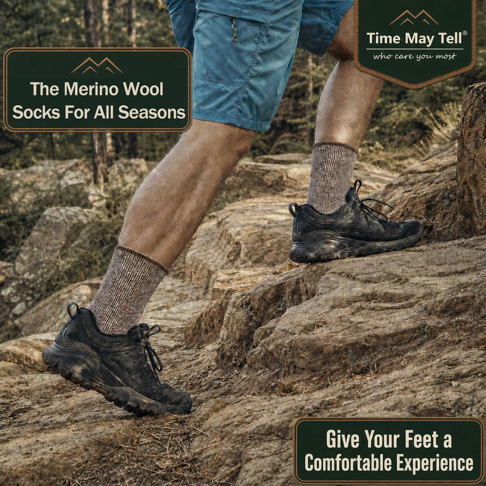 Time May Tell label with fiber content highlighting 80% merino wool for moisture control
