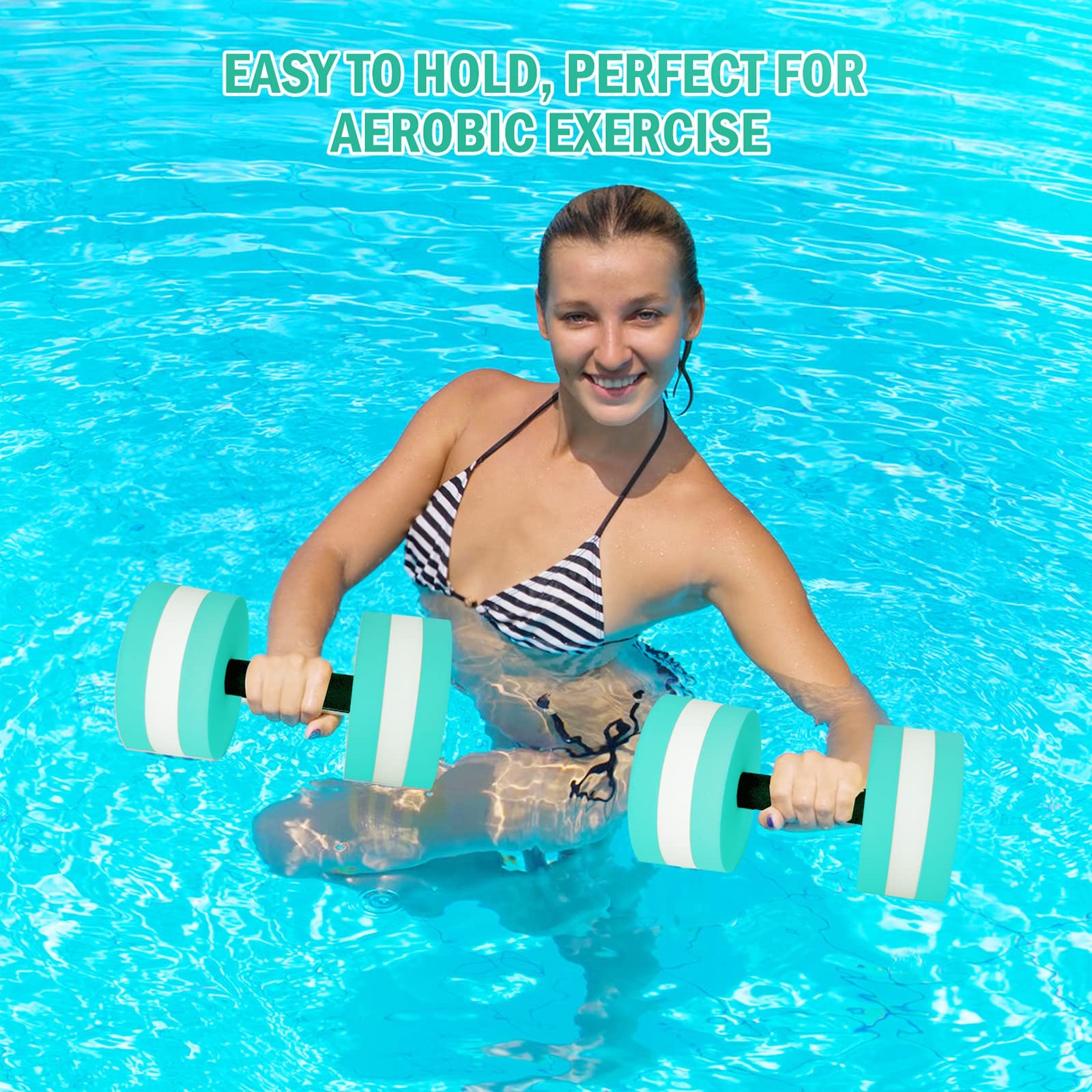 Timoo poolside lifestyle with user holding dumbbells for low-impact exercise